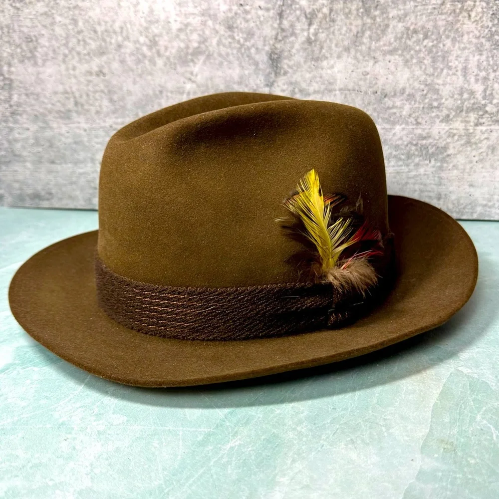 The Imperial Stetson fedora hat in brown with feather in band size 7 or medium - Picture 1 of 9